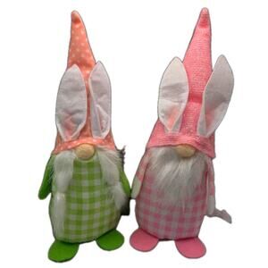 Springtime Plush Two Gnomes Easter Bunny Ears Pink Green Gingham Weighted Bases